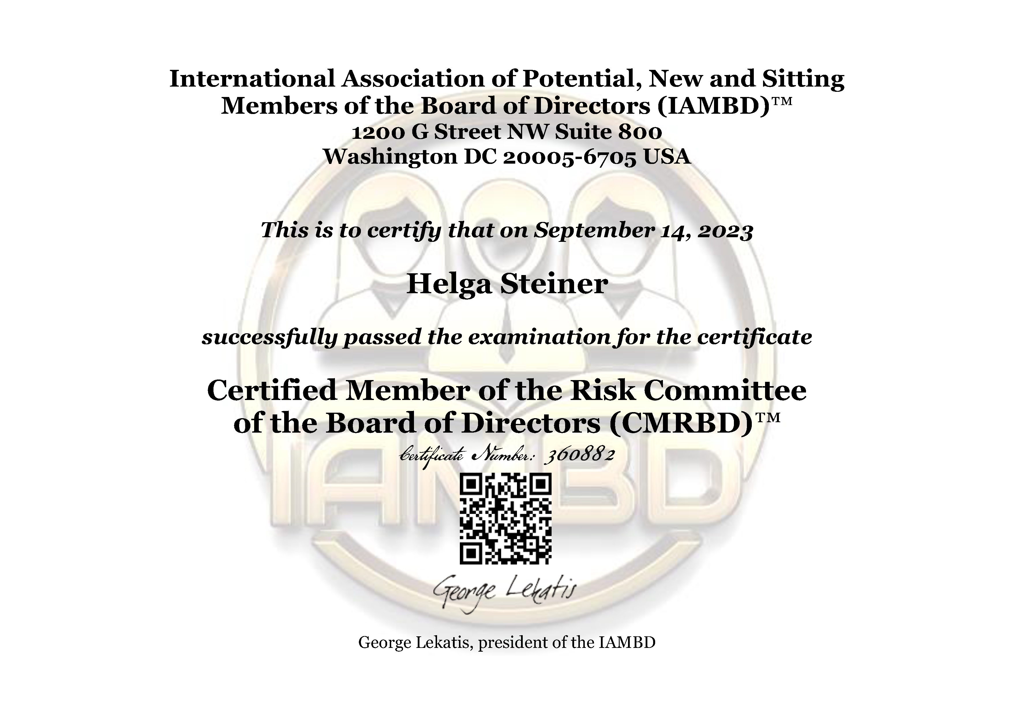 Certified Member of the Risk Committee of the Board of Directors (CMRBD)